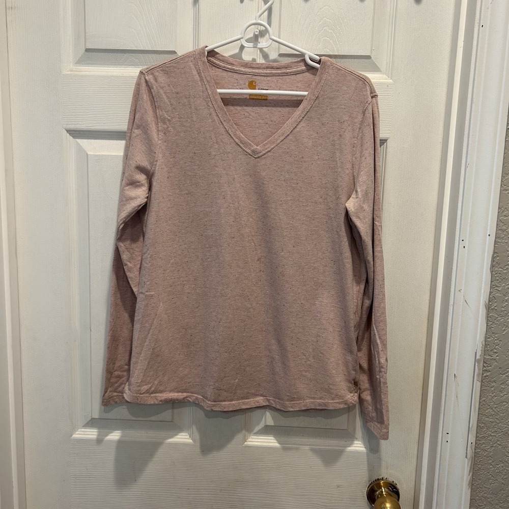 Carhartt Womens Relaxed Fit V-Neck Long Sleeve Tee Pink Speckled Sz Large 12/14